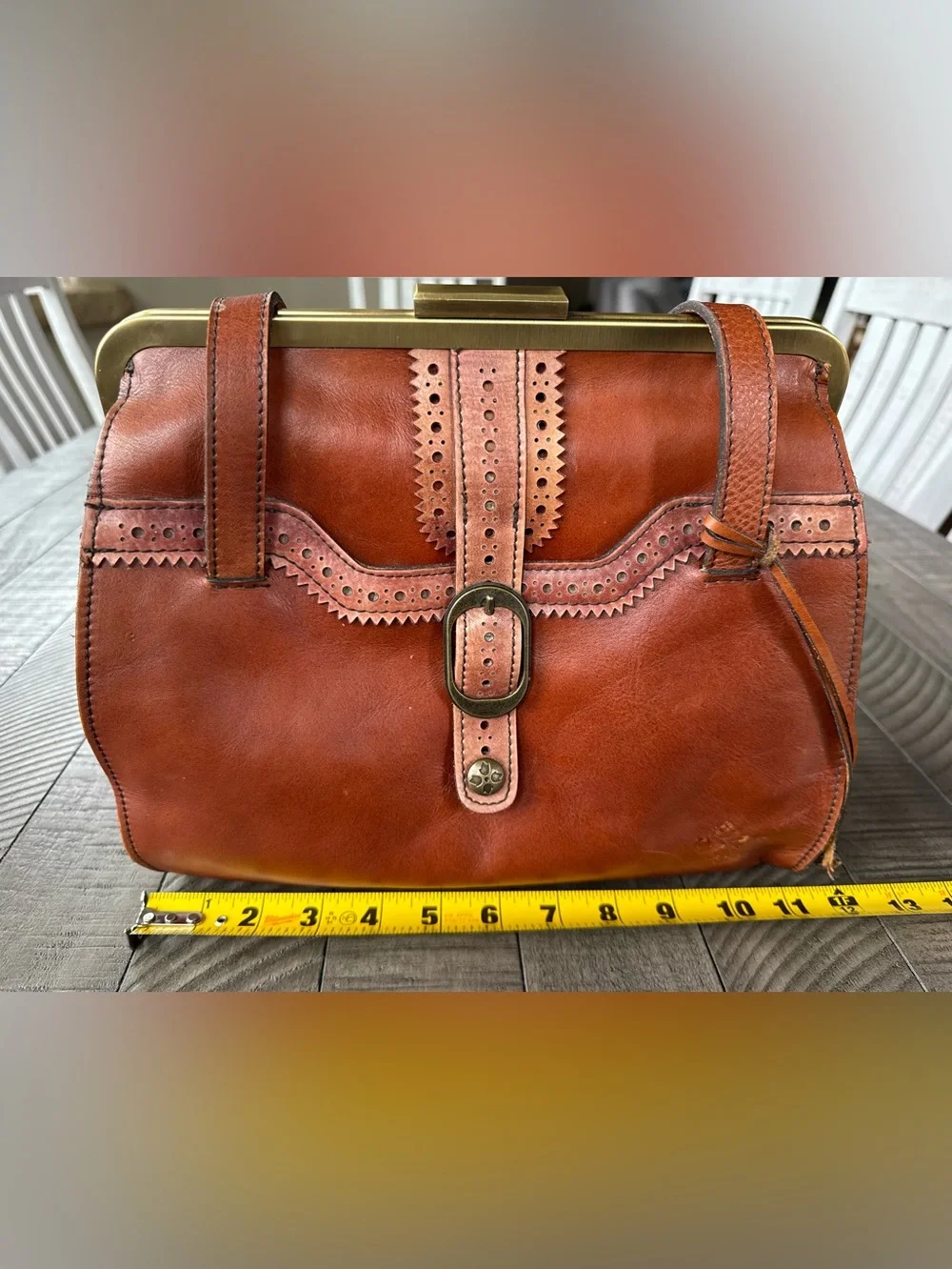 Vintage Patricia Nash Cognac Leather Frame Satchel - Shoulder Bag Purse